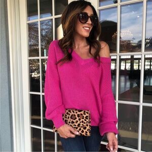 Vintage Nordstrom L Lambswool Wool Oversized Soft V Neck Pink Purple Sweater